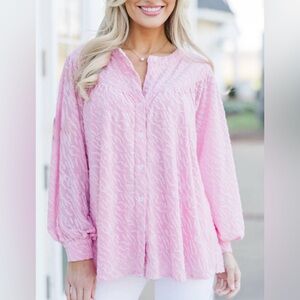 Pink & White Babydoll Blouse | S | Long Sleeves V-Neck | New | Shop The Mint